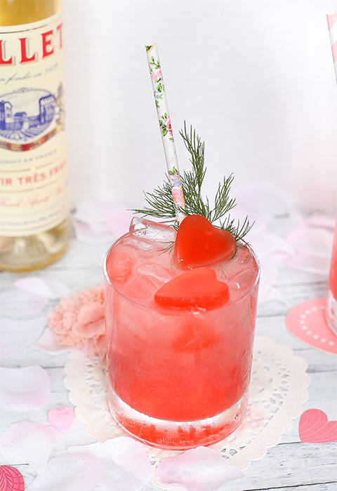 A Sexy Valentine’s Day Cocktail: Fifty Shades of Pink made with red heart-shaped ice.