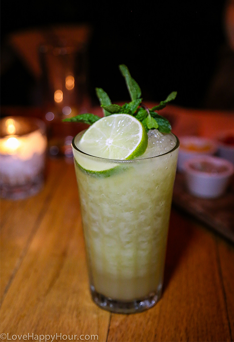Tulum Cooler (white rum, coconut water, avocado, lime, chili) at Salt's Cure in Hollywood, CA.