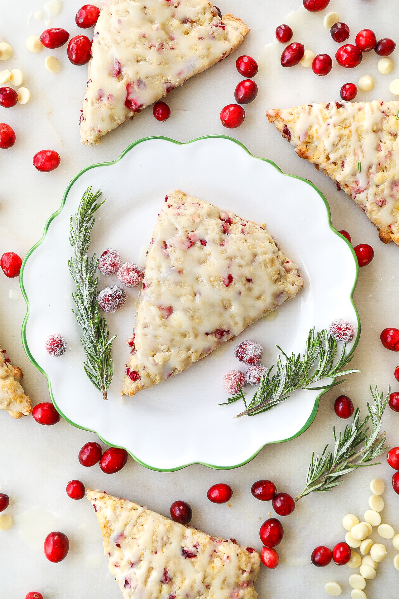 White Christmas Scones with White Chocolate and Cranberries + Eggnog Glaze.